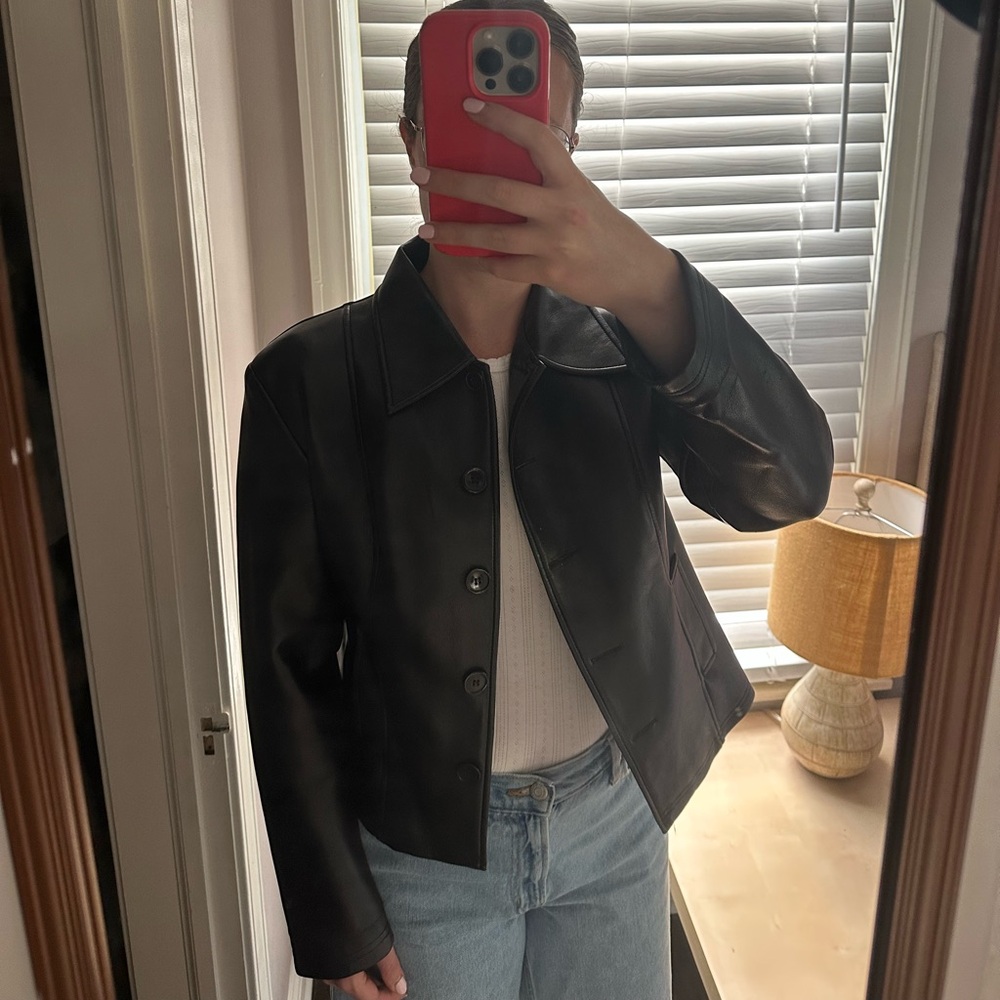 Complements Faux Leather Button Front Jacket Black Collared Tailored Moto Edgy